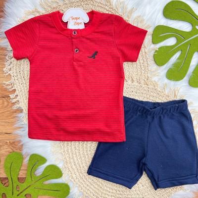 Conj. Camiseta Gola Careca Rex Listrado e Bermuda - Vermelho e Marinho